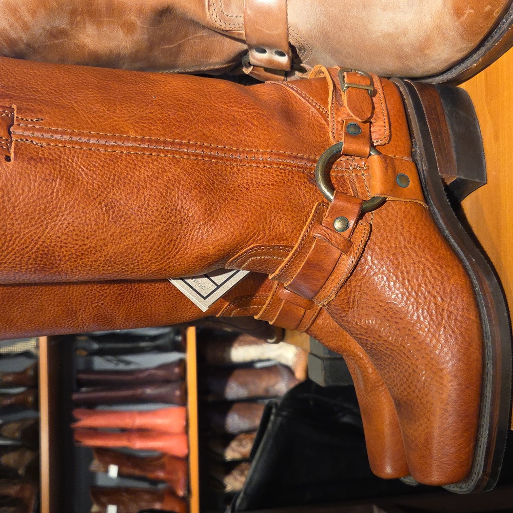 Ladies FRYE Cognac Belted Harness Boots - Picture 2 of 6